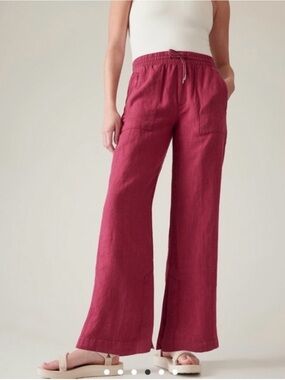 Athleta Retreat 100% linen relaxed fit Wide Leg Drawstring Pants in Rich Berry